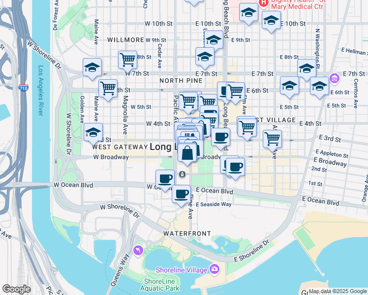 map of restaurants, bars, coffee shops, grocery stores, and more near 203 Pine Avenue in Long Beach