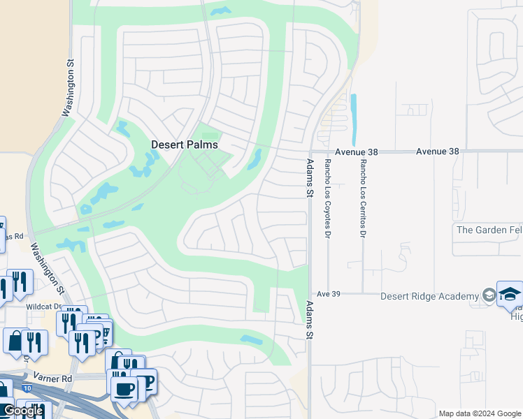 map of restaurants, bars, coffee shops, grocery stores, and more near 38446 Brandywine Avenue in Palm Desert
