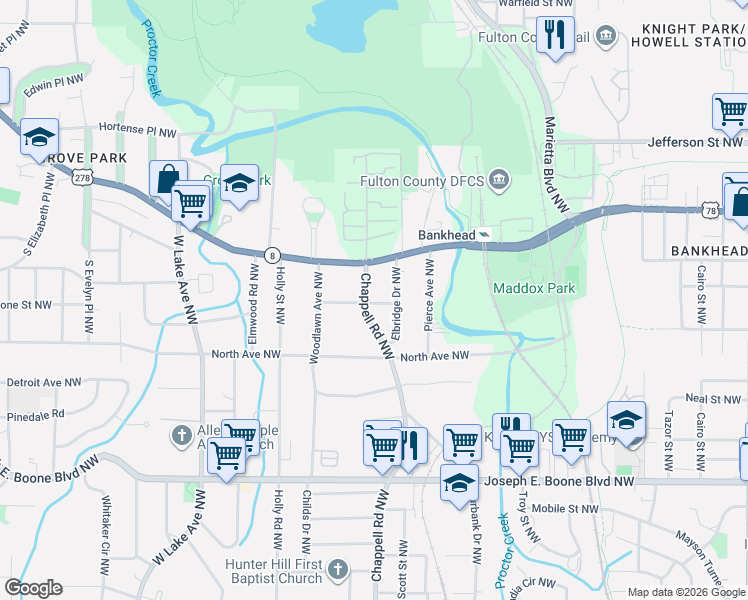 map of restaurants, bars, coffee shops, grocery stores, and more near 523 Chappell Road Northwest in Atlanta