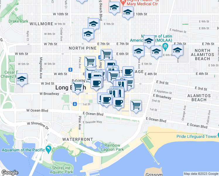 map of restaurants, bars, coffee shops, grocery stores, and more near 255 Elm Avenue in Long Beach
