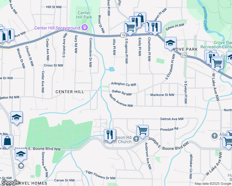 map of restaurants, bars, coffee shops, grocery stores, and more near 2072 Baker Road Northwest in Atlanta