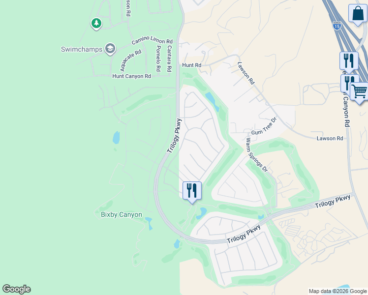 map of restaurants, bars, coffee shops, grocery stores, and more near 24078 Watercress Drive in Corona