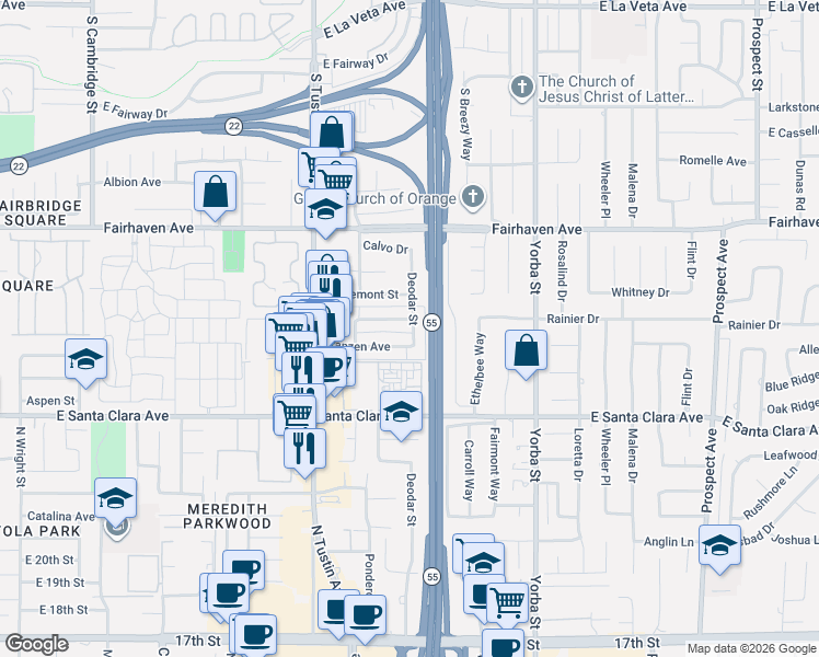map of restaurants, bars, coffee shops, grocery stores, and more near 2309 Franzen Avenue in Santa Ana