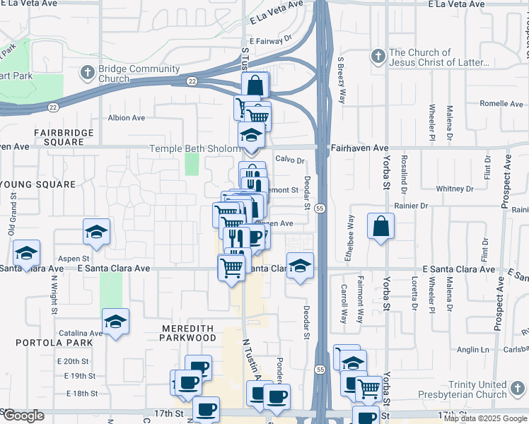 map of restaurants, bars, coffee shops, grocery stores, and more near 2229 Franzen Avenue in Santa Ana
