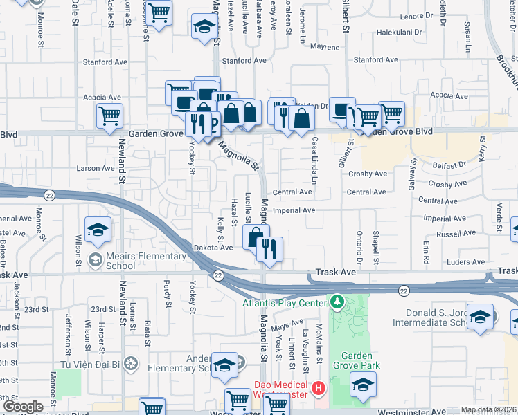 map of restaurants, bars, coffee shops, grocery stores, and more near 9022 Imperial Avenue in Garden Grove