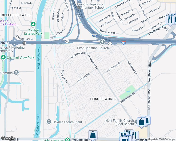 map of restaurants, bars, coffee shops, grocery stores, and more near 1361 Oakmont Road in Seal Beach