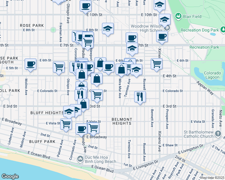 map of restaurants, bars, coffee shops, grocery stores, and more near 336 Euclid Avenue in Long Beach