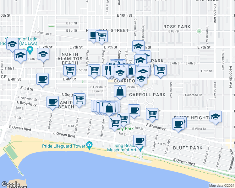 map of restaurants, bars, coffee shops, grocery stores, and more near 1837 East 3rd Street in Long Beach