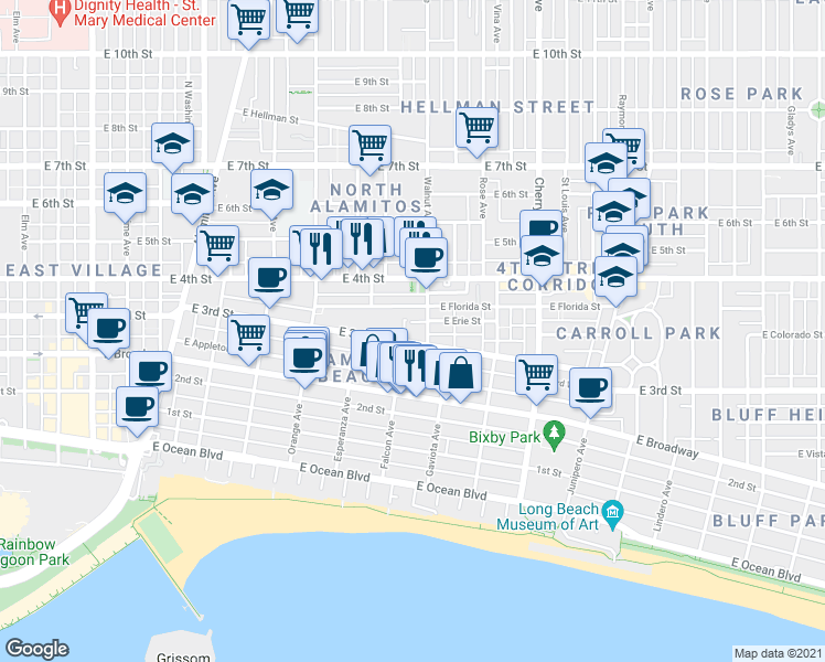 map of restaurants, bars, coffee shops, grocery stores, and more near 1500 East 3rd Street in Long Beach