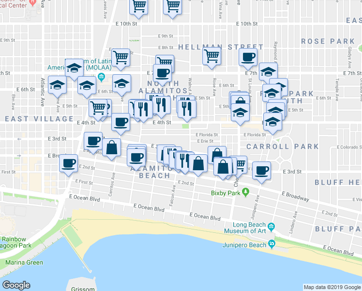 map of restaurants, bars, coffee shops, grocery stores, and more near 1500 East 3rd Street in Long Beach
