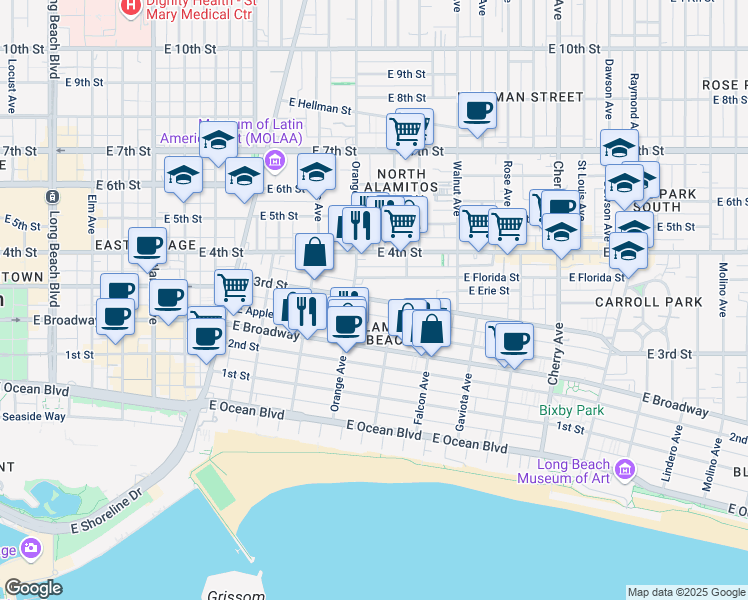 map of restaurants, bars, coffee shops, grocery stores, and more near 1216 East 3rd Street in Long Beach