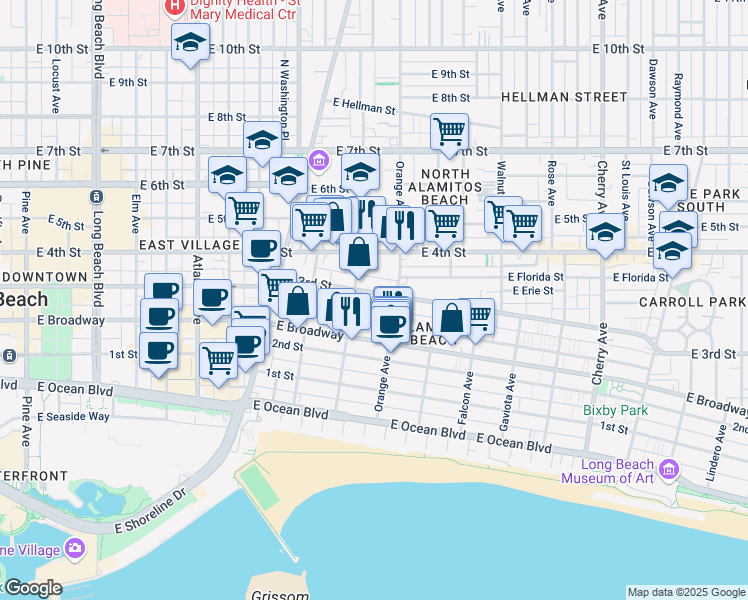 map of restaurants, bars, coffee shops, grocery stores, and more near 1135 East Appleton Street in Long Beach