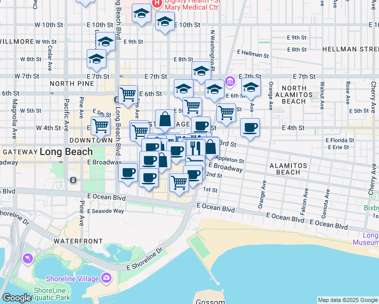 map of restaurants, bars, coffee shops, grocery stores, and more near 705 East Broadway in Long Beach
