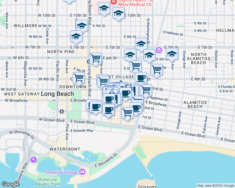 map of restaurants, bars, coffee shops, grocery stores, and more near in Long Beach