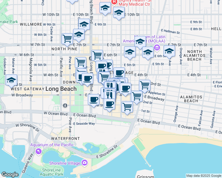 map of restaurants, bars, coffee shops, grocery stores, and more near 449 Linden Avenue in Long Beach