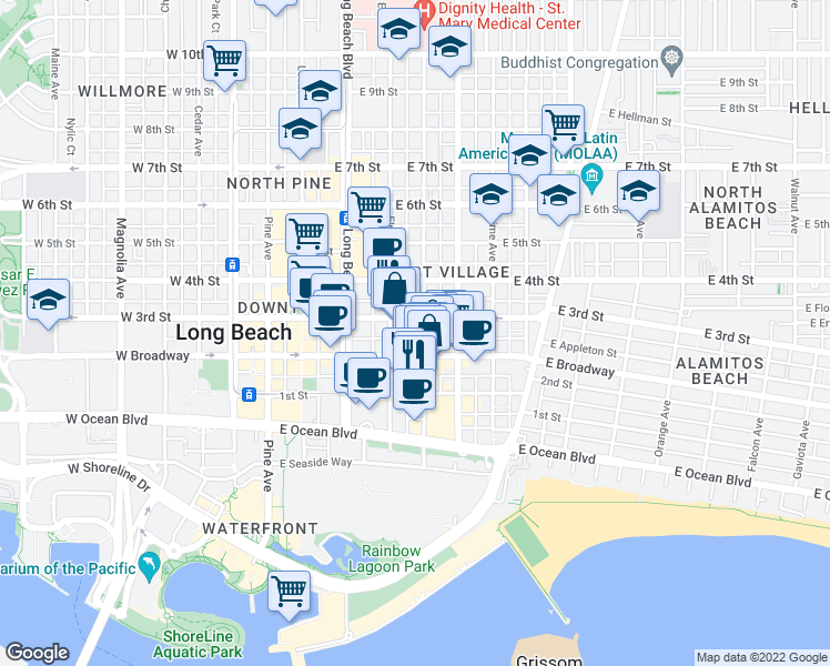 map of restaurants, bars, coffee shops, grocery stores, and more near 449 Linden Avenue in Long Beach