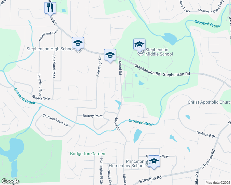 map of restaurants, bars, coffee shops, grocery stores, and more near 843 Ashley Lane in Stone Mountain