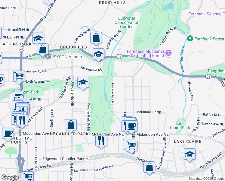 map of restaurants, bars, coffee shops, grocery stores, and more near 565 Terrace Avenue Northeast in Atlanta
