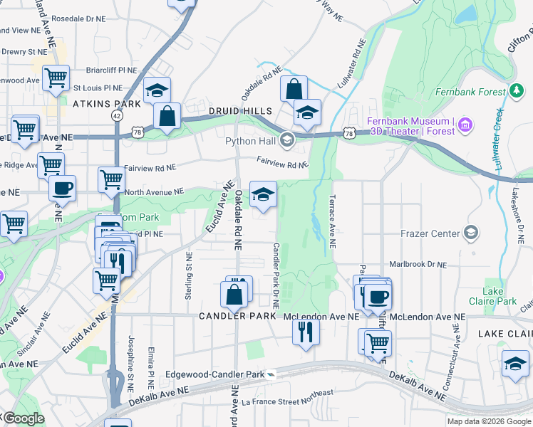 map of restaurants, bars, coffee shops, grocery stores, and more near 586 Candler Park Drive Northeast in Atlanta