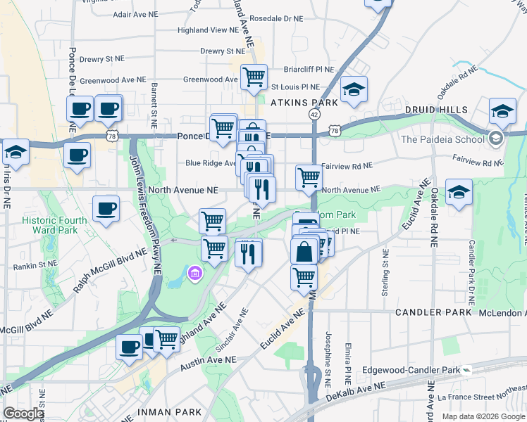map of restaurants, bars, coffee shops, grocery stores, and more near in Atlanta