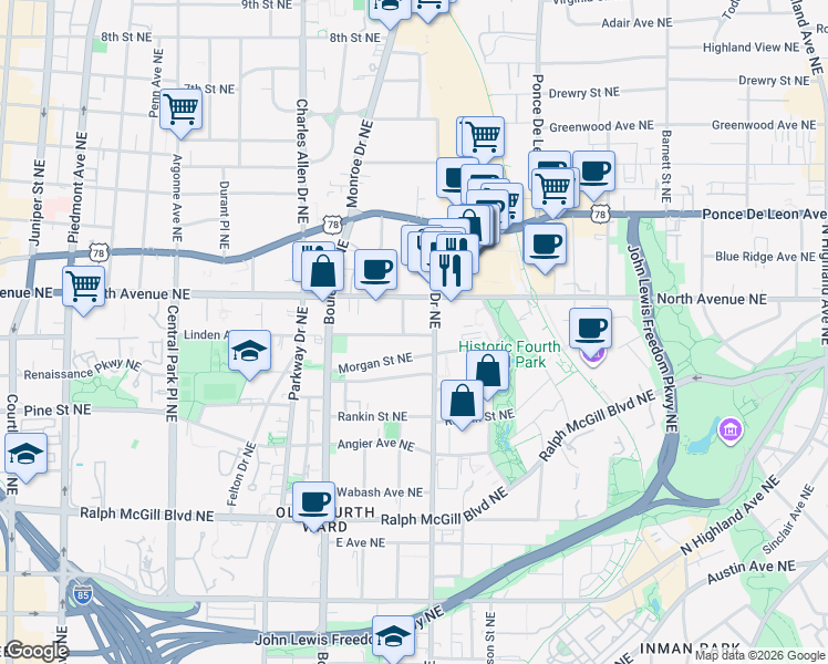 map of restaurants, bars, coffee shops, grocery stores, and more near 560 Morgan Street Northeast in Atlanta