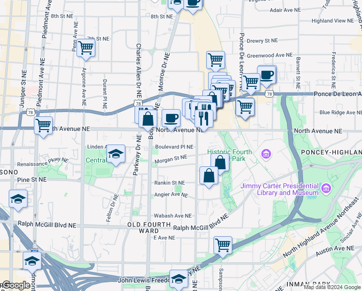 map of restaurants, bars, coffee shops, grocery stores, and more near 560 Morgan Street Northeast in Atlanta
