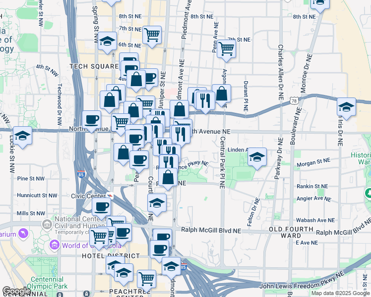 map of restaurants, bars, coffee shops, grocery stores, and more near in Atlanta