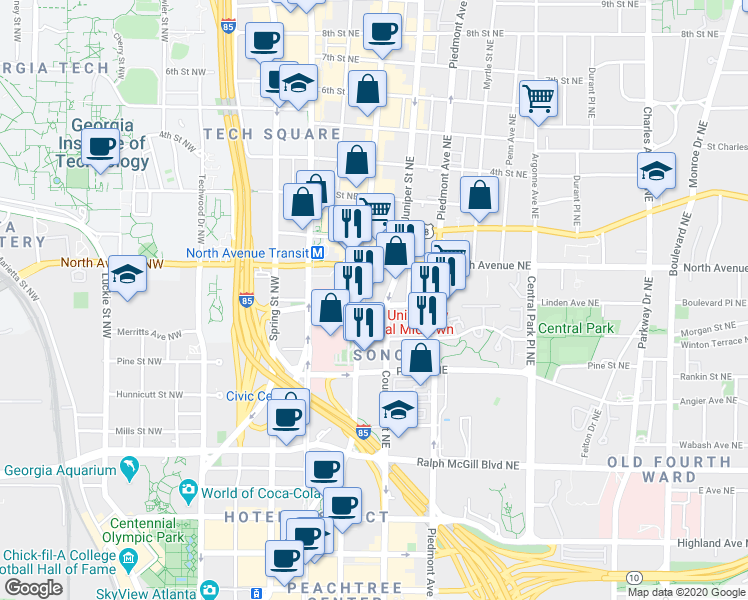 map of restaurants, bars, coffee shops, grocery stores, and more near 565 Peachtree Street Northeast in Atlanta
