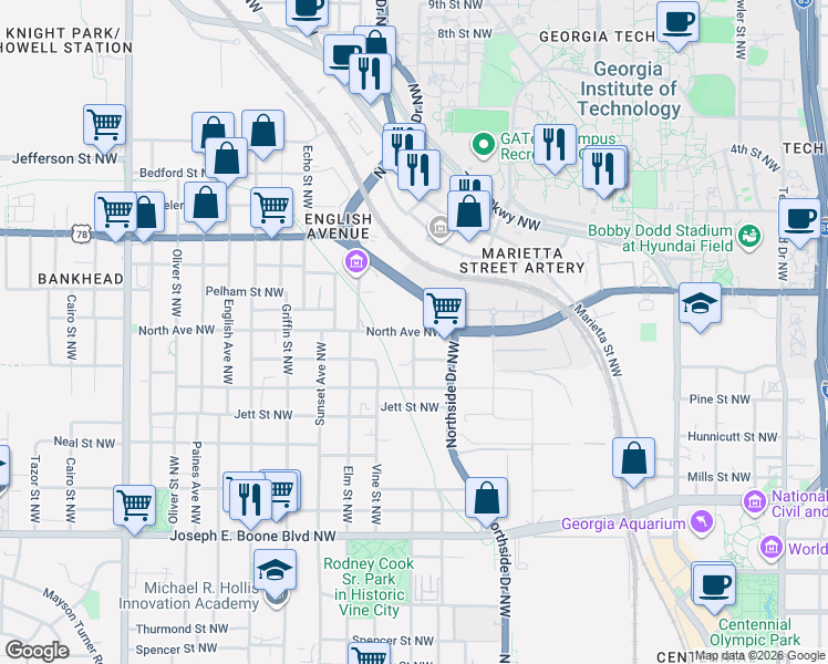 map of restaurants, bars, coffee shops, grocery stores, and more near 590 North Avenue Northwest in Atlanta