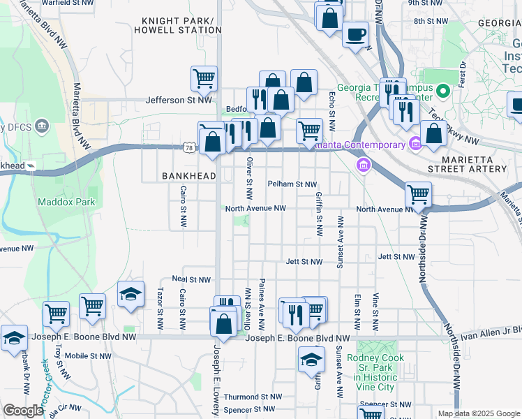 map of restaurants, bars, coffee shops, grocery stores, and more near 556 Paines Avenue Northwest in Atlanta