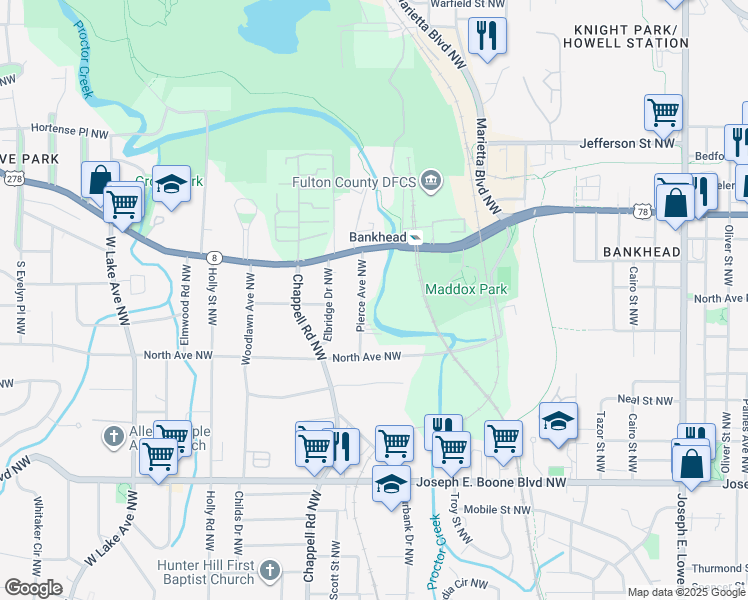 map of restaurants, bars, coffee shops, grocery stores, and more near 525 Pierce Avenue Northwest in Atlanta