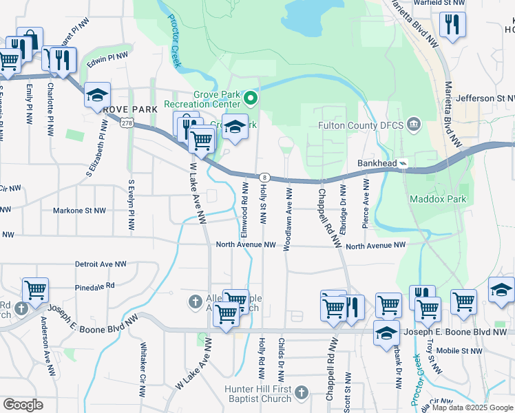 map of restaurants, bars, coffee shops, grocery stores, and more near 556 Holly Street Northwest in Atlanta