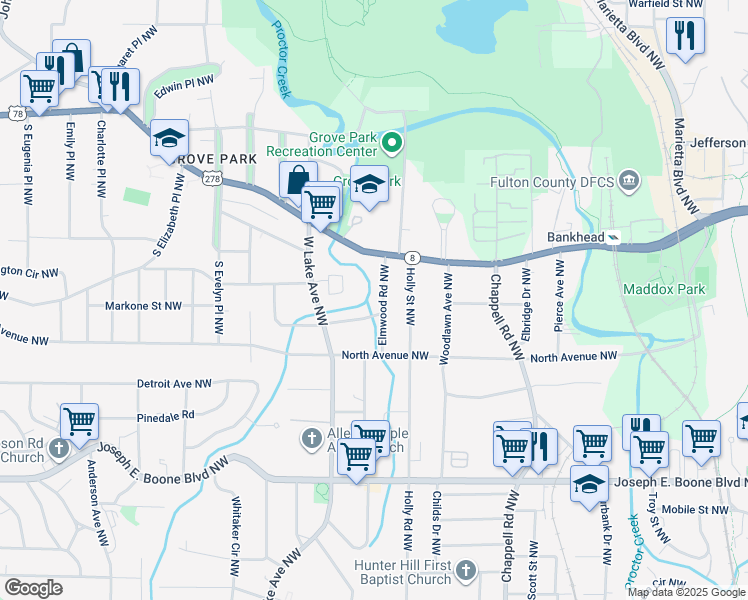 map of restaurants, bars, coffee shops, grocery stores, and more near 1591 Hasty Place Northwest in Atlanta