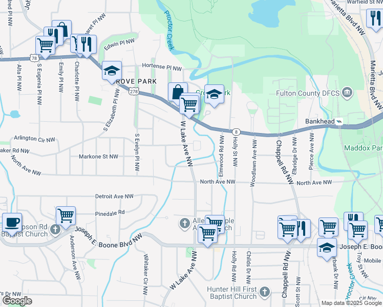 map of restaurants, bars, coffee shops, grocery stores, and more near 1621 Hasty Place Northwest in Atlanta