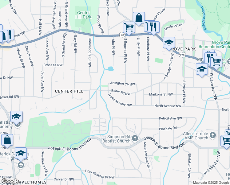 map of restaurants, bars, coffee shops, grocery stores, and more near 2072 Baker Road Northwest in Atlanta