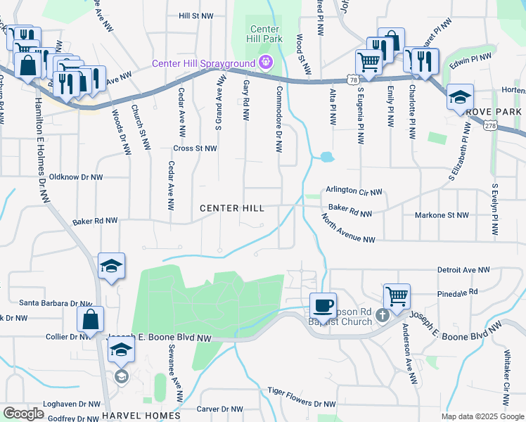 map of restaurants, bars, coffee shops, grocery stores, and more near 2208 Baker Road Northwest in Atlanta