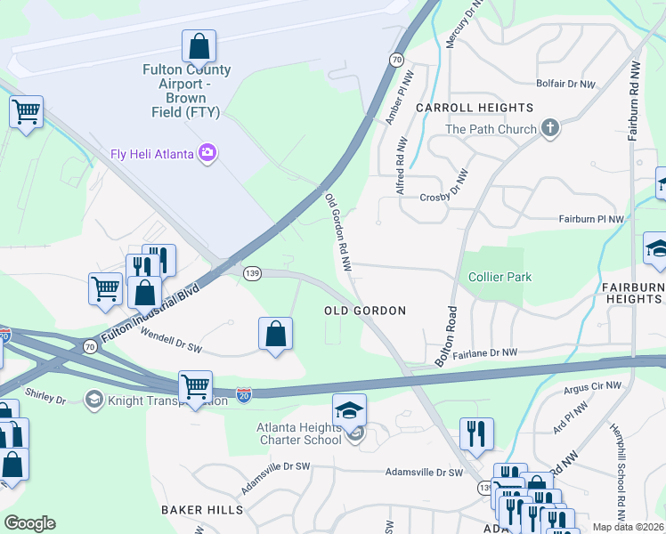 map of restaurants, bars, coffee shops, grocery stores, and more near 3826 Old Gordon Road Southwest in Atlanta