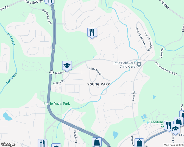 map of restaurants, bars, coffee shops, grocery stores, and more near 7662 Oakvale Drive in Douglasville