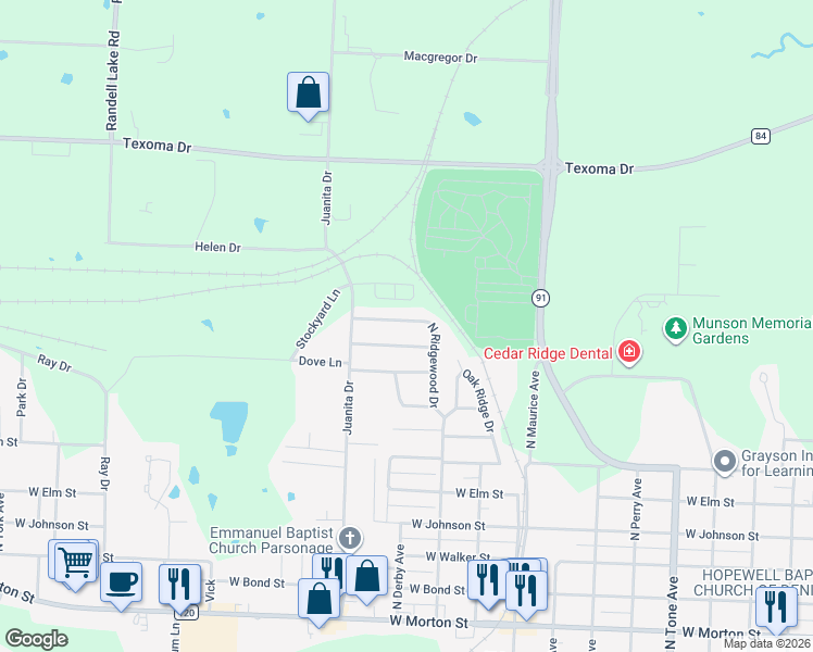map of restaurants, bars, coffee shops, grocery stores, and more near 1717 Meadowlark Lane in Denison