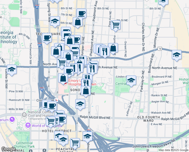 map of restaurants, bars, coffee shops, grocery stores, and more near in Atlanta