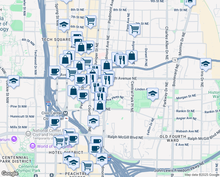 map of restaurants, bars, coffee shops, grocery stores, and more near in Atlanta