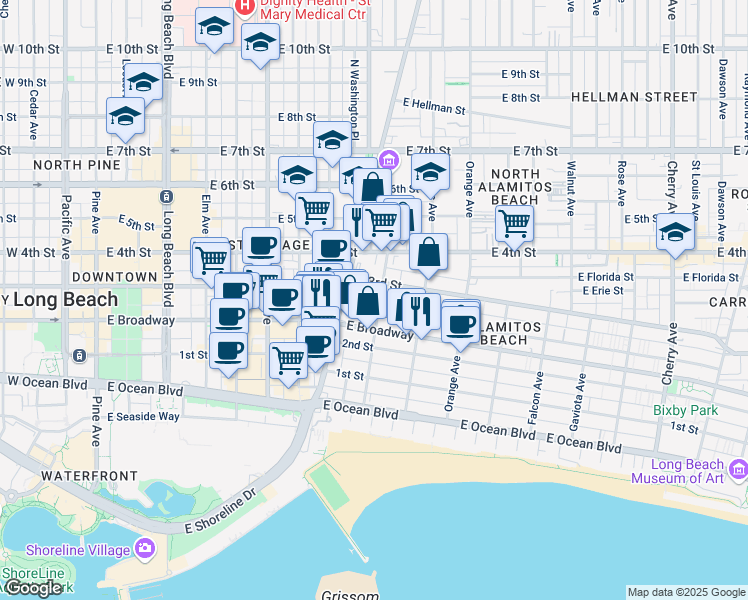 map of restaurants, bars, coffee shops, grocery stores, and more near 273 Bonito Avenue in Long Beach