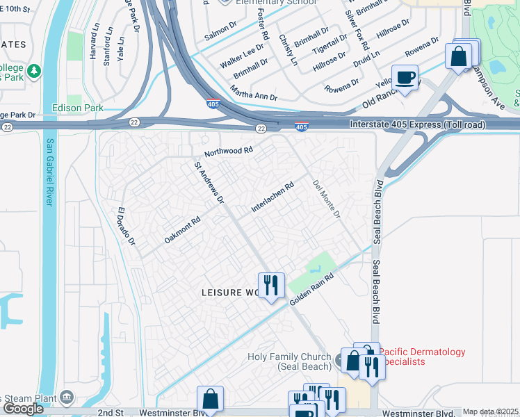 map of restaurants, bars, coffee shops, grocery stores, and more near 1560 Interlachen Road in Seal Beach