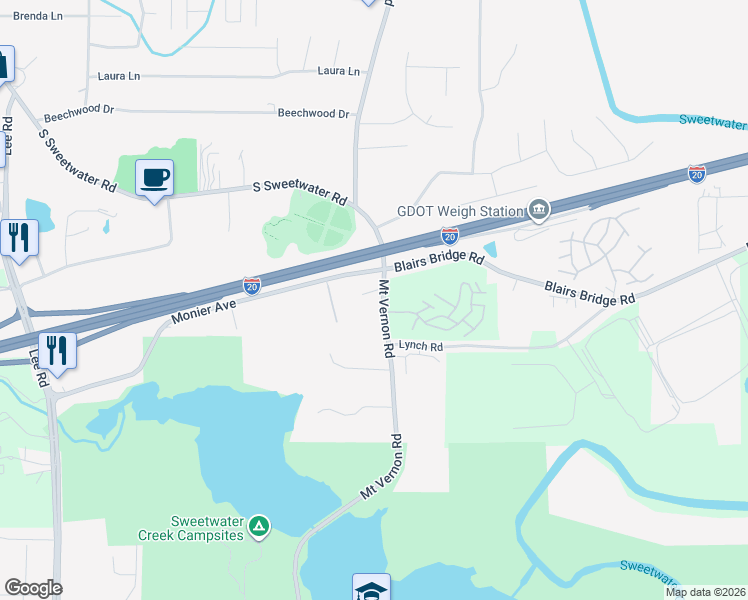map of restaurants, bars, coffee shops, grocery stores, and more near 1265 Mount Vernon Road in Lithia Springs