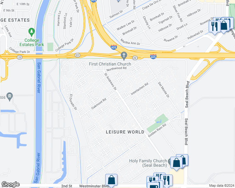 map of restaurants, bars, coffee shops, grocery stores, and more near 13301 Saint Andrews Drive in Seal Beach
