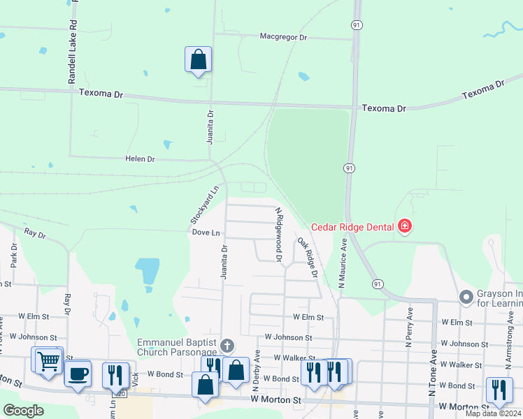 map of restaurants, bars, coffee shops, grocery stores, and more near 1716 Ridgewood Road in Denison