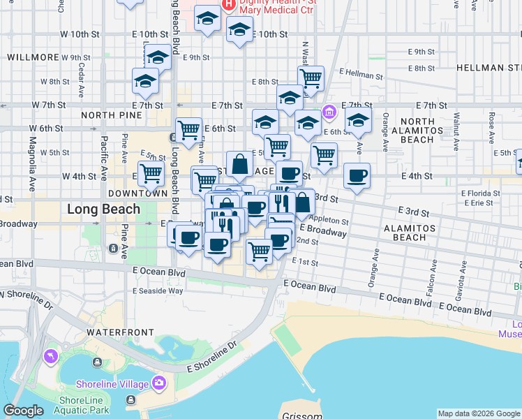 map of restaurants, bars, coffee shops, grocery stores, and more near 705 East Broadway in Long Beach
