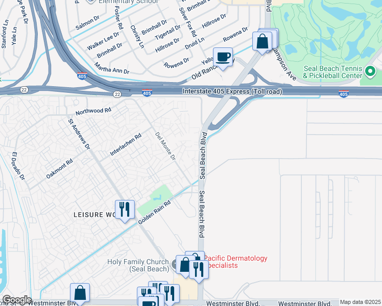 map of restaurants, bars, coffee shops, grocery stores, and more near 13320 Del Monte Drive in Seal Beach