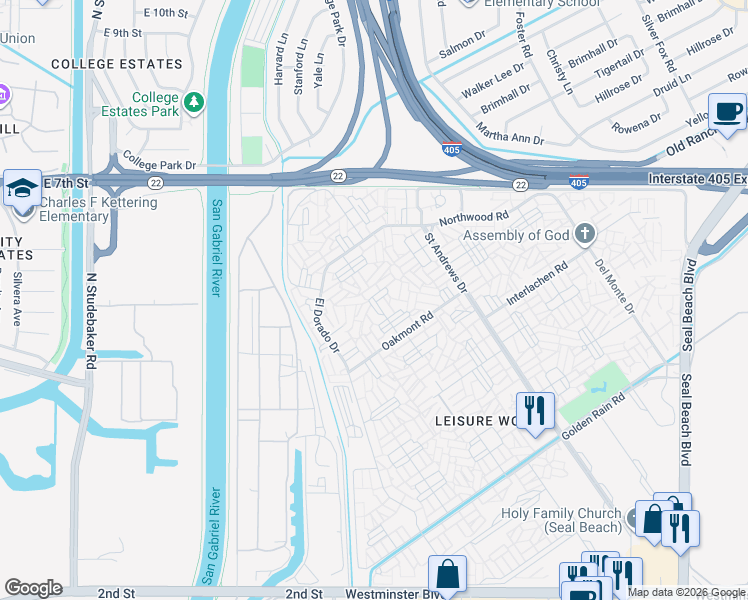 map of restaurants, bars, coffee shops, grocery stores, and more near 13341 Fairfield Lane in Seal Beach