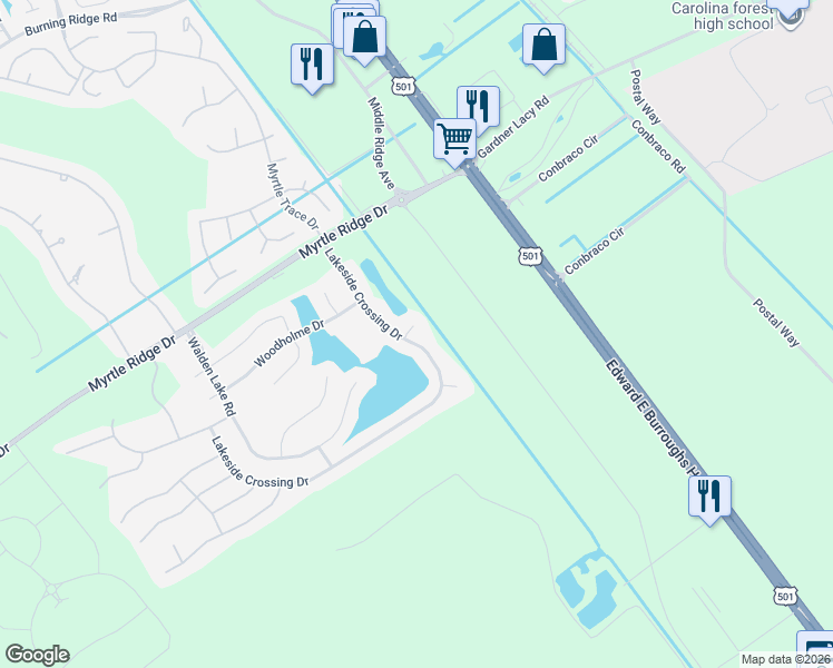 map of restaurants, bars, coffee shops, grocery stores, and more near 178 Walden Lake Road in Conway